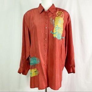 Vintage Southwest Handpainted Rustic Red Silk Button Up Shirt XL